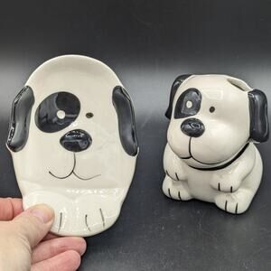 Vintage Soap Dish Toothbrush holder Bathroom Set Black White Crazing Cutesy